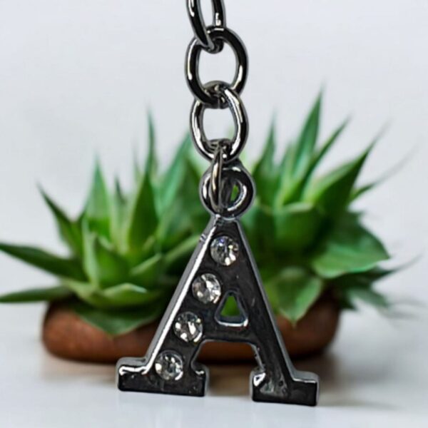 English Alphabet Letter (A) Silver Metal Keychain l Crystal Stone