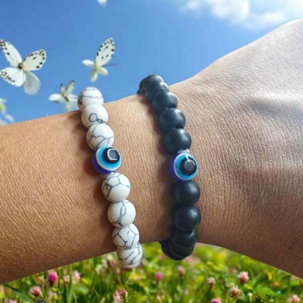 Evil Eye Black Matte Agate & White Howlite Energy Beads Bracelet - Image 4