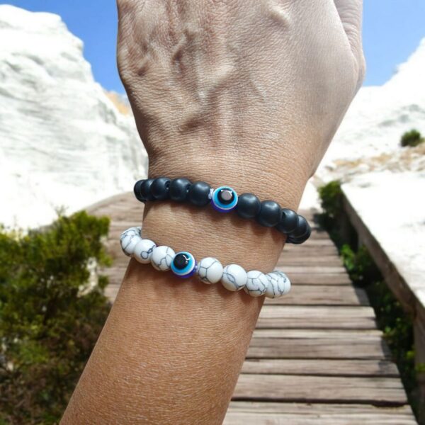 Evil Eye Black Matte Agate & White Howlite Energy Beads Bracelet - Image 3