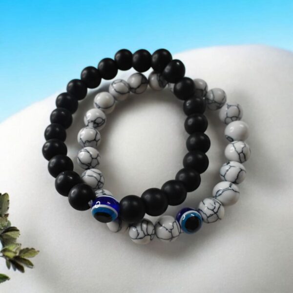 Evil Eye Black Matte Agate & White Howlite Energy Beads Bracelet - Image 2