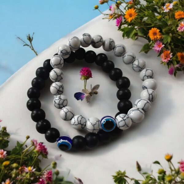 Evil Eye Black Matte Agate & White Howlite Energy Beads Bracelet