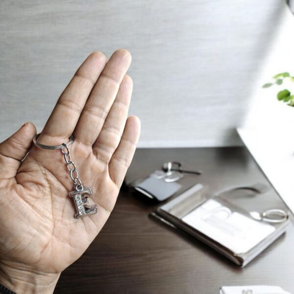 English Alphabet Letter (E) Silver Metal Keychain l Crystal Stone - Image 2