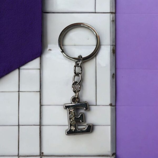 English Alphabet Letter (E) Silver Metal Keychain l Crystal Stone