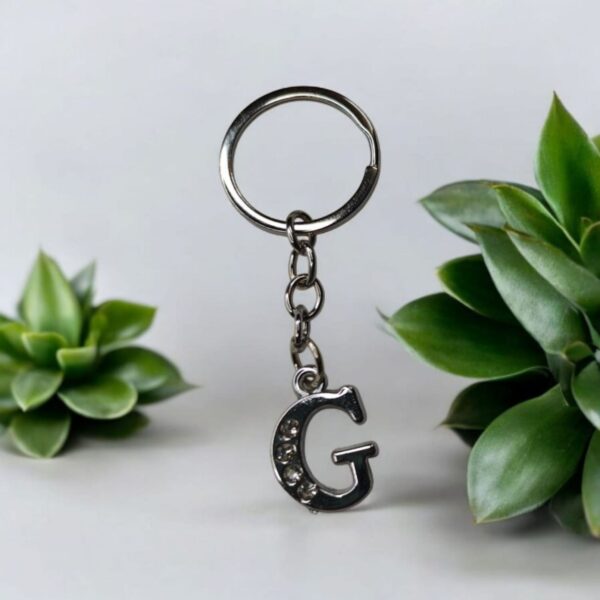 English Alphabet Letter (G) Silver Metal Keychain l Crystal Stone