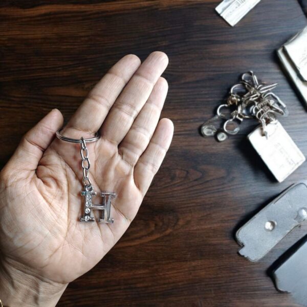 English Alphabet Letter (H) Silver Metal Keychain l Crystal Stone - Image 2