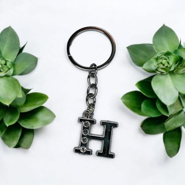 English Alphabet Letter (H) Silver Metal Keychain l Crystal Stone