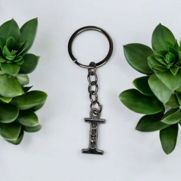 English Alphabet Letter (I) Silver Metal Keychain l Crystal Stone