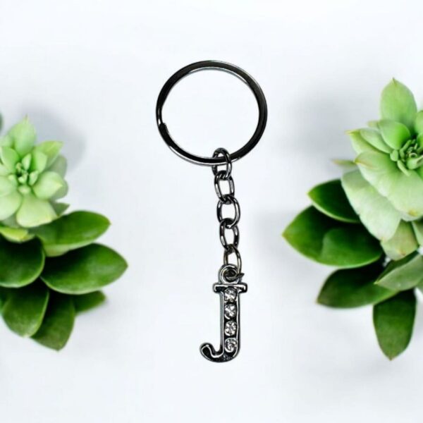 English Alphabet Letter (J) Silver Metal Keychain l Crystal Stone