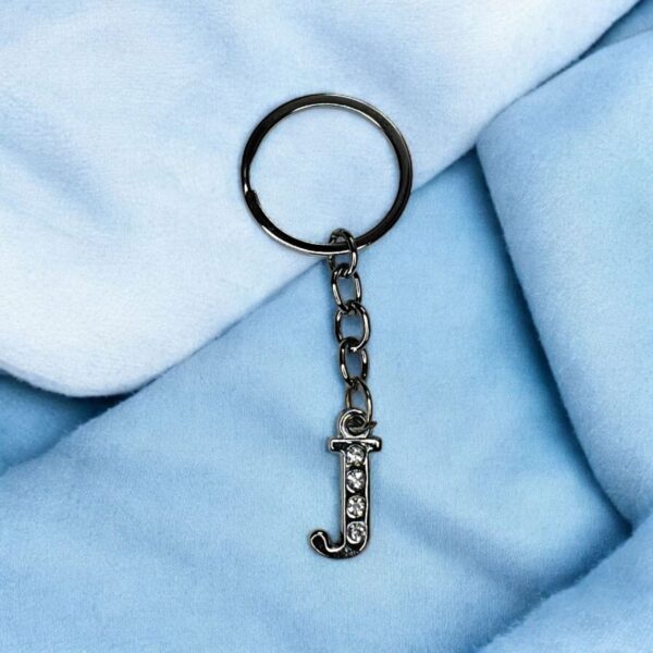 English Alphabet Letter (J) Silver Metal Keychain l Crystal Stone - Image 2