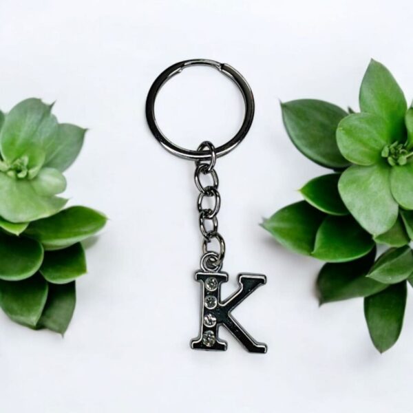 English Alphabet Letter (K) Silver Metal Keychain l Crystal Stone