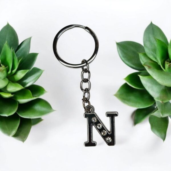 English Alphabet Letter (N) Silver Metal Keychain l Crystal Stone