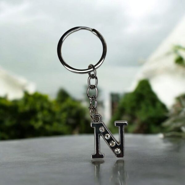 English Alphabet Letter (N) Silver Metal Keychain l Crystal Stone - Image 2