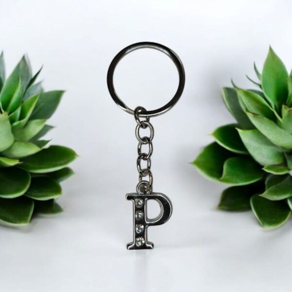 English Alphabet Letter (P) Silver Metal Keychain l Crystal Stone