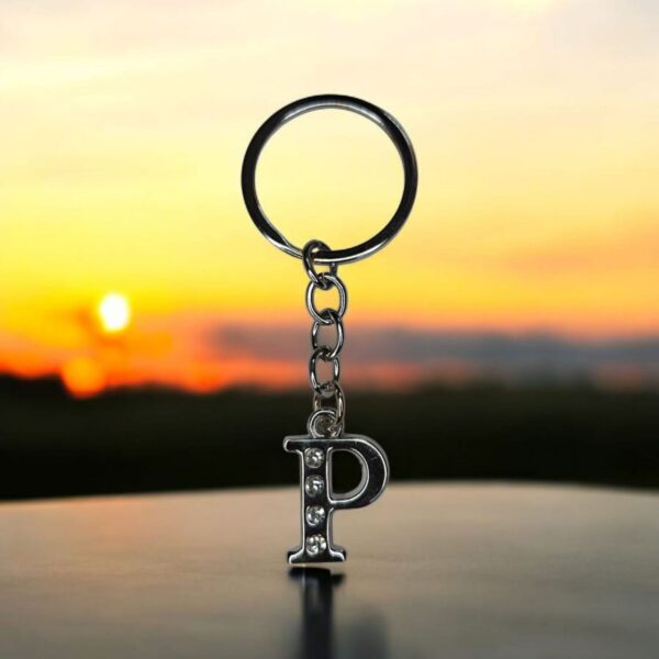 English Alphabet Letter (P) Silver Metal Keychain l Crystal Stone - Image 3