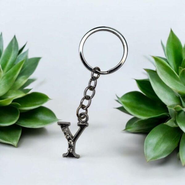 English Alphabet Letter (Y) Silver Metal Keychain l Crystal Stone