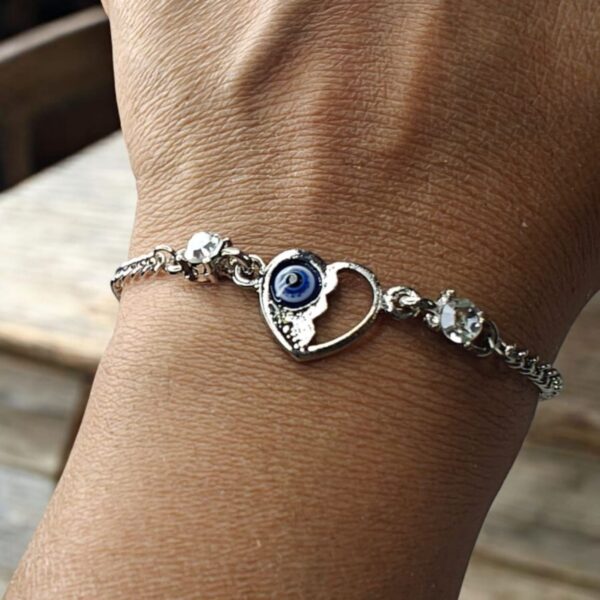 Silver Heart Shape Stylish Adjustable Chain Evil Eye Bracelet - Image 3